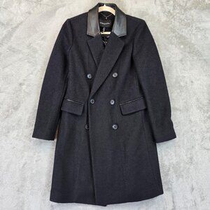 BCBGMAXAZRIA Coat Womens XS Black Wool Blend Double Breasted Leather Collar New